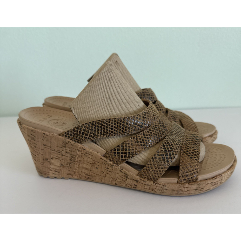 CROCS A-Leigh Snake Pattern Leather Sandals‎ Cork Wedge Comfort Women’s 11 NWT